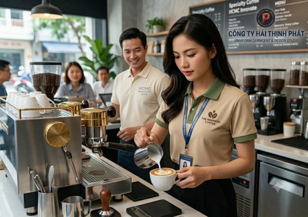 Áo thun đồng phục quán cà phê be phối xanh