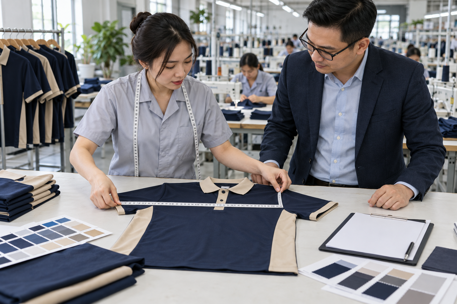 Kỹ thuật viên và khách hàng kiểm tra áo polo mẫu trên bàn cùng thước đo và mẫu màu.