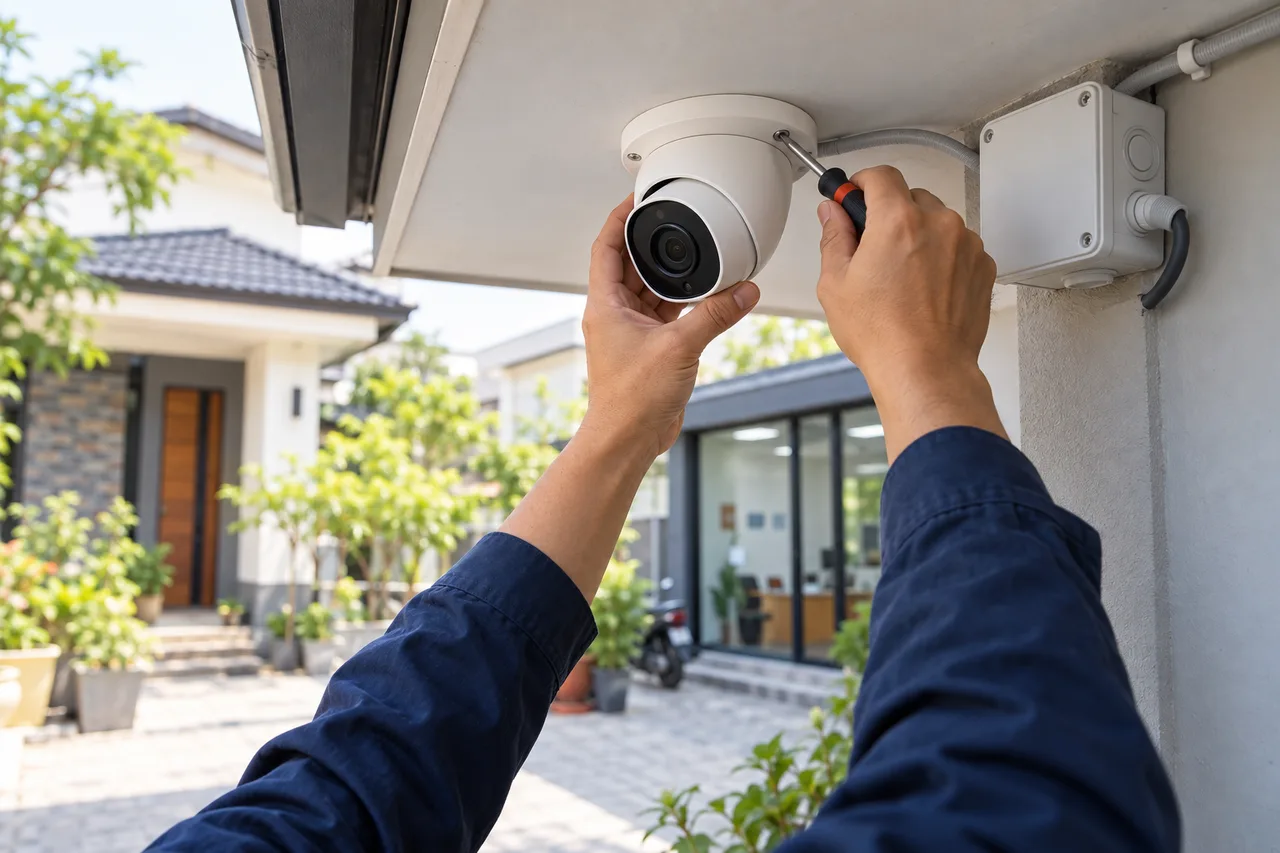 Ảnh minh họa kỹ thuật lắp camera giám sát tại vị trí có mái che