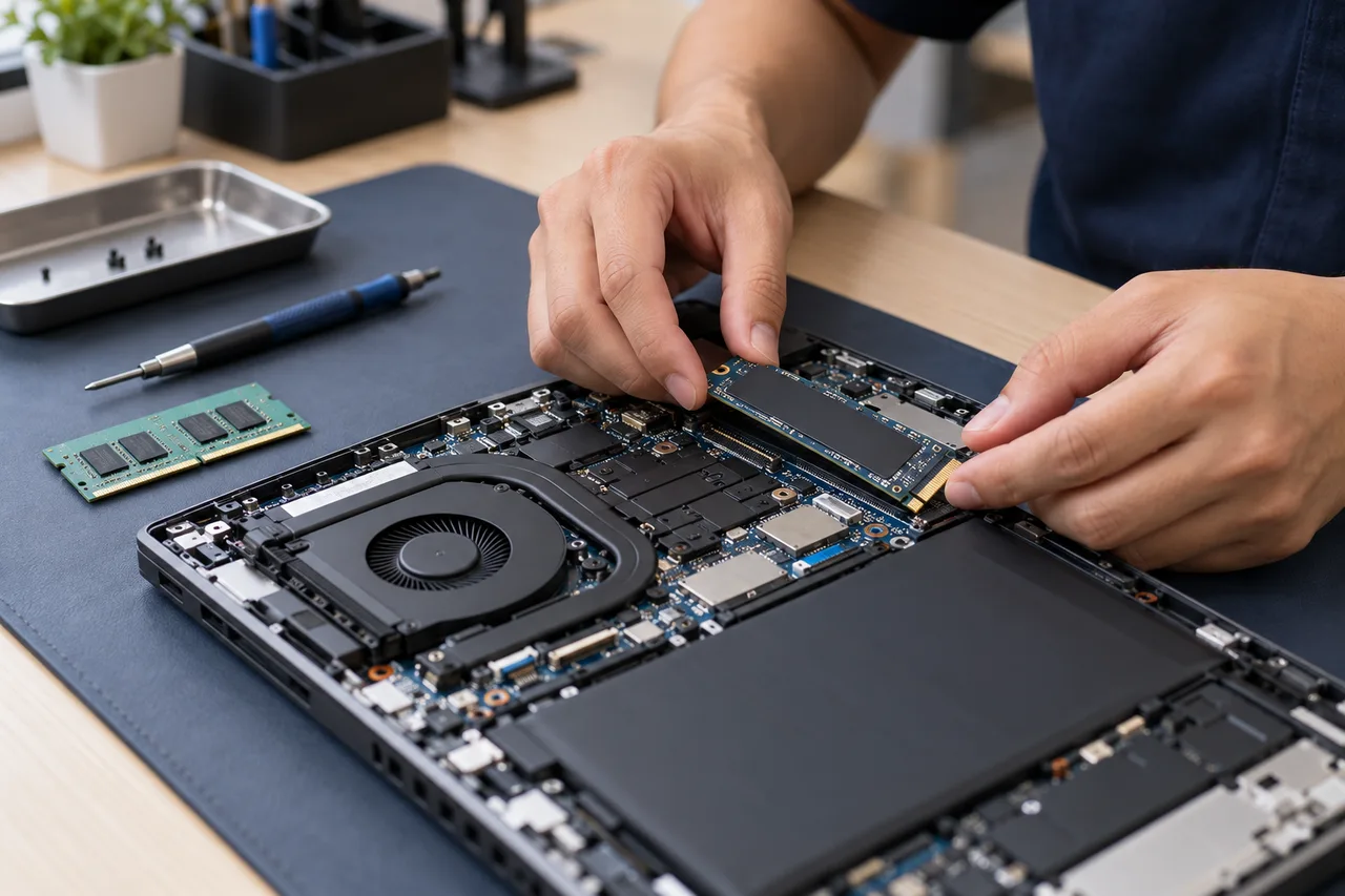 Ảnh minh họa kỹ thuật kiểm tra và lắp SSD trong laptop