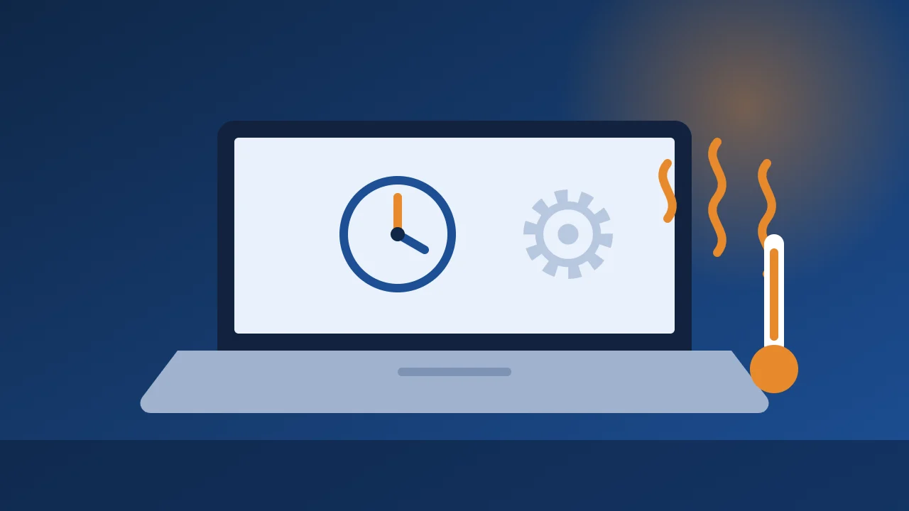 Ảnh minh họa laptop chạy chậm và quá nóng với biểu tượng nhiệt kế