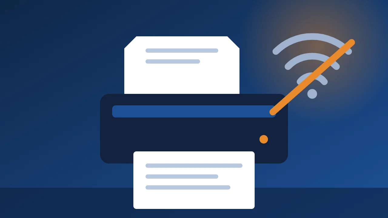 Ảnh minh họa máy in báo offline với biểu tượng kết nối Wi-Fi bị gián đoạn