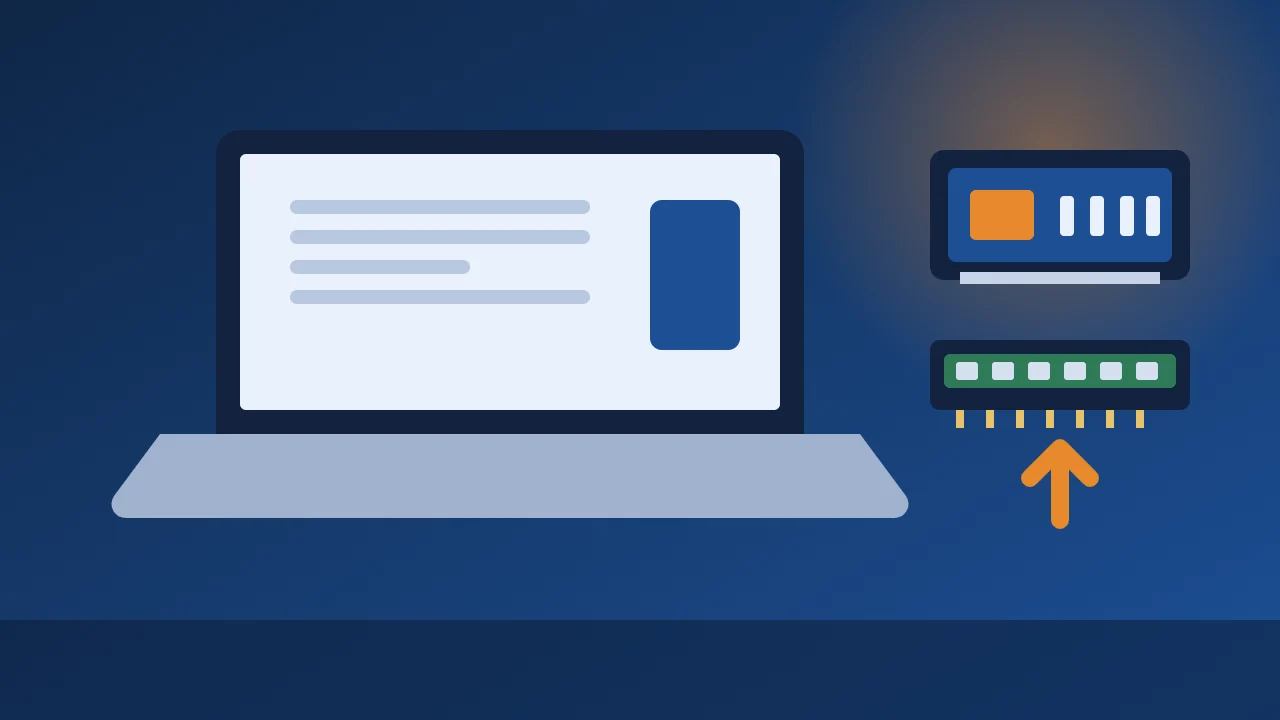 Ảnh minh họa laptop, ổ SSD và thanh RAM phục vụ lựa chọn nâng cấp